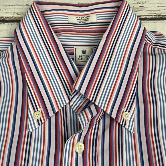 Peter Millar Men Button Down Shirt Size 16 Long Pink Blue Striped Long Sleeve - Picture 4 of 14